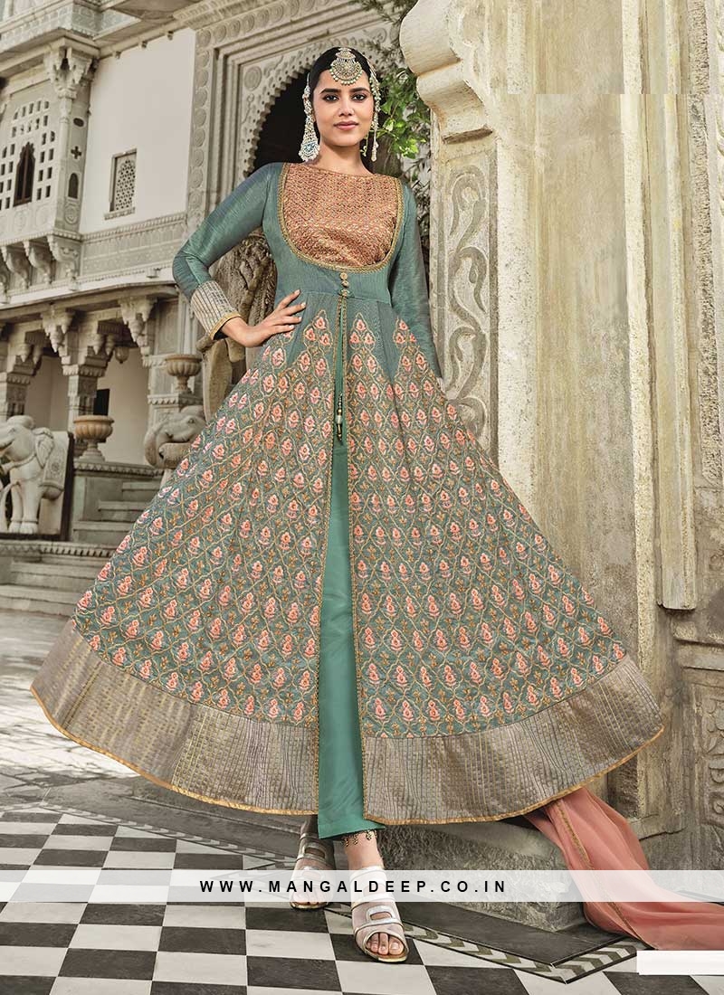 Sea Green Color Slub Silk Anarkali Dress