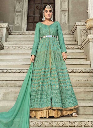 Sea Green Color Slub Silk Anarkali Dress