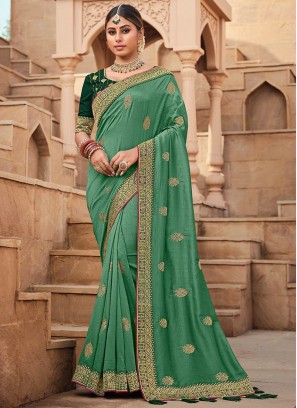 Sea Green Color Vichitra Silk Saree