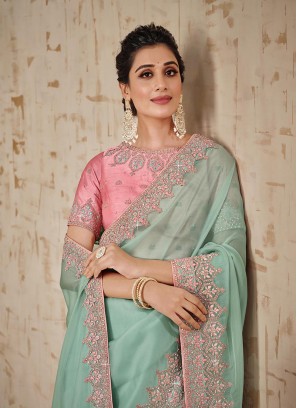 Sea Green Colour Flora Embroidery Work Saree