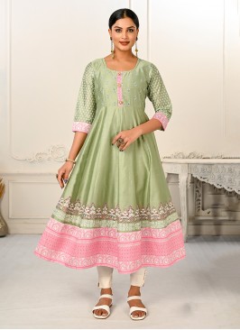 Sea Green Cotton Reception Floor Length Kurti