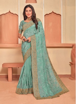 Sea Green Crepe Silk Designer Saree