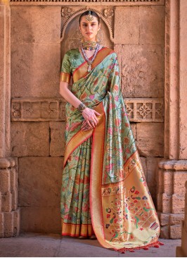 Sea Green Digital Print Festival Trendy Saree