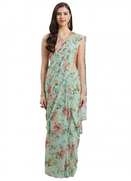 Sea Green Digital Print Georgette Saree