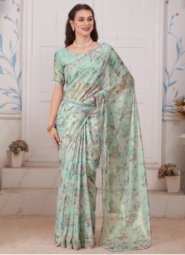 Sea Green Digital Print Organza Trendy Saree