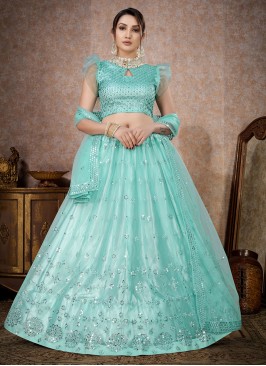 Sea Green Embroidered A Line Lehenga Choli