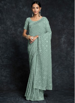 Sea Green Embroidered Georgette Classic Saree