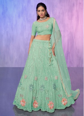 Sea Green Embroidered Net Lehenga Choli