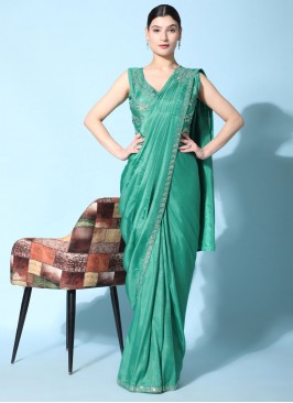 Sea Green Embroidered Satin Silk Contemporary Saree