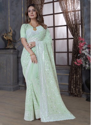 Sea Green Embroidered Trendy Saree