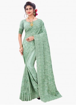 Sea Green Faux Chiffon Designer Saree