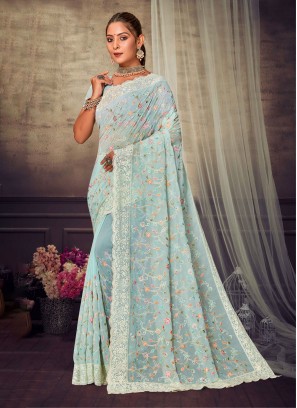 Sea Green Georgette Contemporary Saree