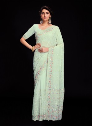 Sea Green Georgette Lucknowi work Saree