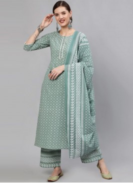 Sea Green Mehndi Cotton Readymade Salwar Kameez