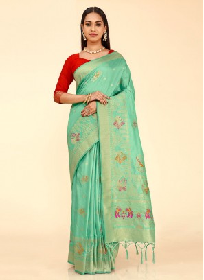 Sea Green Mehndi Silk Contemporary Style Saree