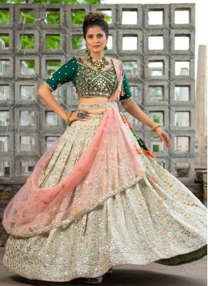 Sea Green Mirror Work Party Wear Lehenga