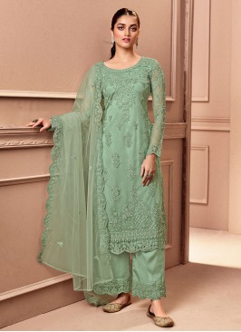 Sea Green Net Embroidered Straight Salwar Suit