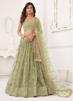 Sea Green Net Embroidered Trendy Lehenga Choli