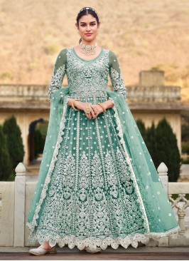 Sea Green Net Engagement Trendy Anarkali Salwar Ka