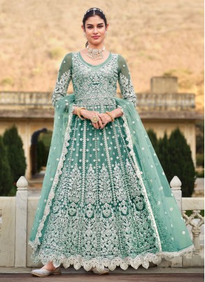 Sea Green Net Engagement Trendy Anarkali Salwar Kameez