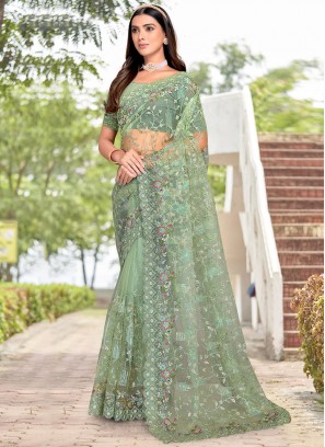 Sea Green Net Resham Saree