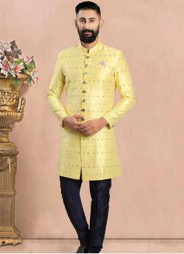 Yellow & Navy Blue Fusion Elegance: Men's Indo-Wes