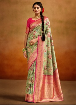 Sea Green Printed Contemporary Style Saree