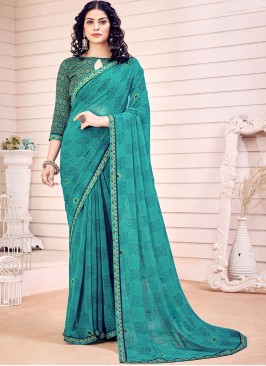 Sea Green Printed Georgette Saree With Blouse