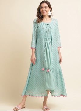 Sea Green Rayon Solid Dress with Printed Shrug