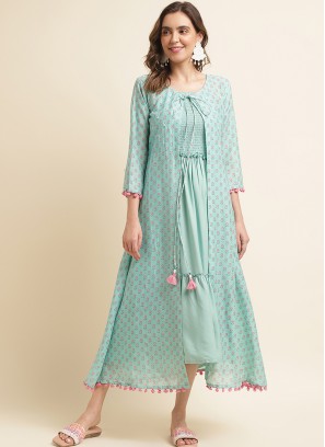 Sea Green Rayon Solid Dress with Printed Shrug