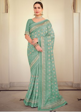 Sea Green Reception Georgette Satin Contemporary Saree