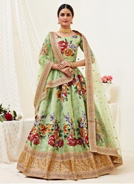 Sea Green Satin Silk Embroidered Lehenga Choli