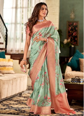 Sea Green Silk Digital Print Saree