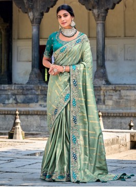 Sea Green Silk Embroidered Contemporary Saree