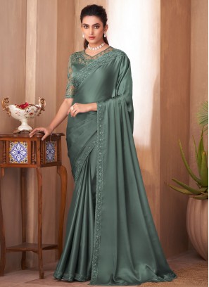 Sea Green Silk Embroidered Trendy Saree