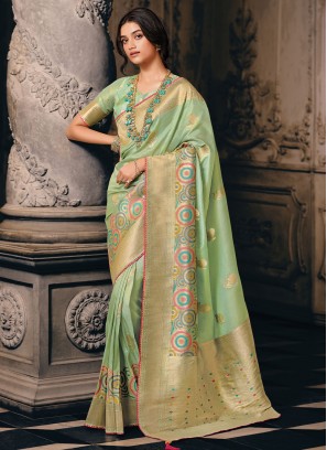 Sea Green Silk Weaving Trendy Saree