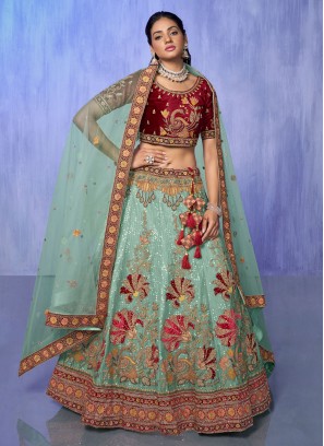 Sea Green Wedding Velvet Lehenga Choli