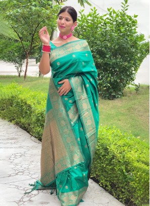 Sea Green Zari Ceremonial Contemporary Saree