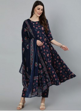 Sensational Navy Blue Printed Cotton Designer Salwar Suit