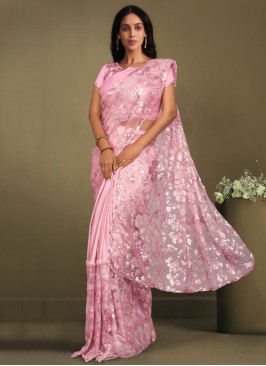 Sensational Rose Pink Crepe Silk Classic Saree