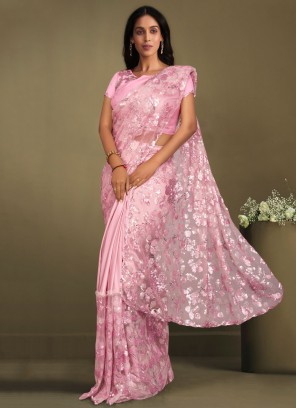 Sensational Rose Pink Crepe Silk Classic Saree
