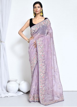 Sensational Satin Silk Embroidered Purple Trendy Saree