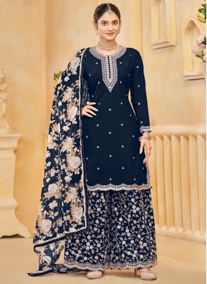 Sensational Silk Navy Blue Embroidered Designer Salwar Kameez