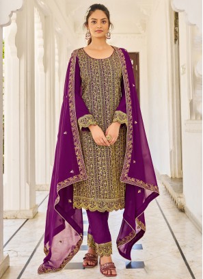 Sensational Wine Embroidered Faux Georgette Straight Salwar Suit