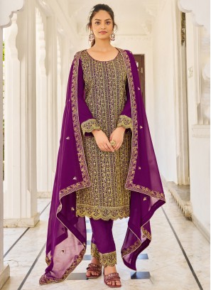 Sensational Wine Embroidered Faux Georgette Straight Salwar Suit