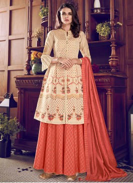 Sensible Cream and Orange Chanderi Silk Designer Palazzo Suit