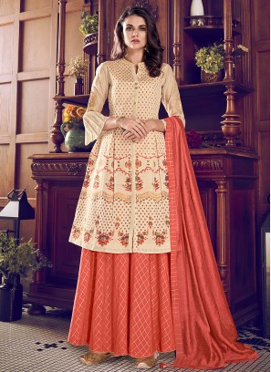 Sensible Cream and Orange Chanderi Silk Designer Palazzo Suit