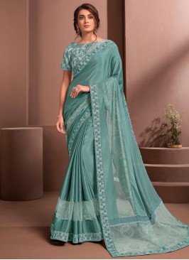 Sensible Embroidered Aqua Blue Faux Chiffon Designer Saree