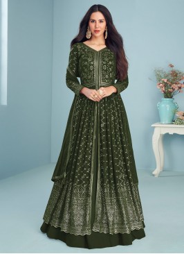 Sensible Georgette Green Embroidered Anarkali Salwar Kameez