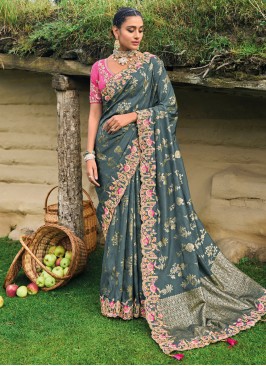 Sensible Grey Embroidered Silk Designer Saree